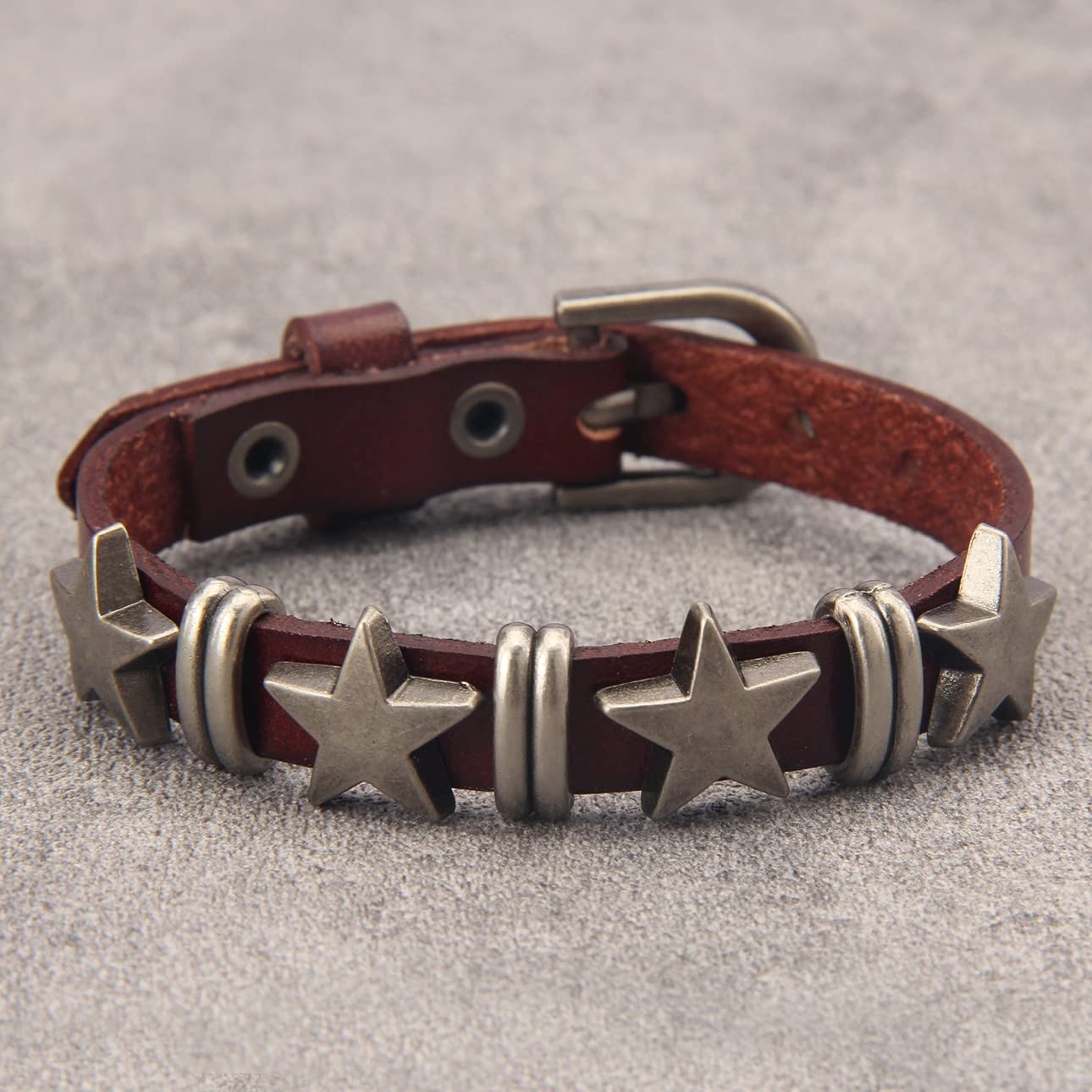 GelConnie Men's Leather Cuff Bracelet Leather Wristband Mens Brown Bracelets Biker Punk Bracelet Star Cuffs With Adjustable Straps