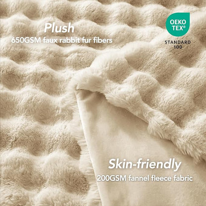L'AGRATY Faux Rabbit Fur Blanket: 90" x 90" Queen Luxury Soft Fluffy Thick Fur Throw Blanket for Couch Bed Sofa - Cozy Plush Bubble Blankets for Winter: Flannel Fleece Decorative Blanket(Almond White)