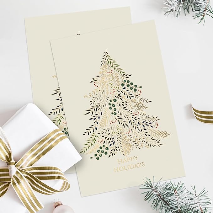 Masterpiece Gilded Greenery Christmas Card Set / 16 Boxed Winter Holiday Cards with Shiny Gold Foil and Coordinating Red Envelopes / 4" x 6" Folded Christmas Tree Greeting Cards with Inside Verse