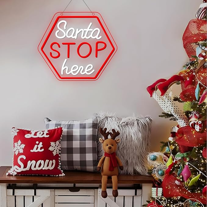Santa Stop Here Neon Sign – Christmas LED Wall Light, Holiday Decoration for Home, Porch, or Party