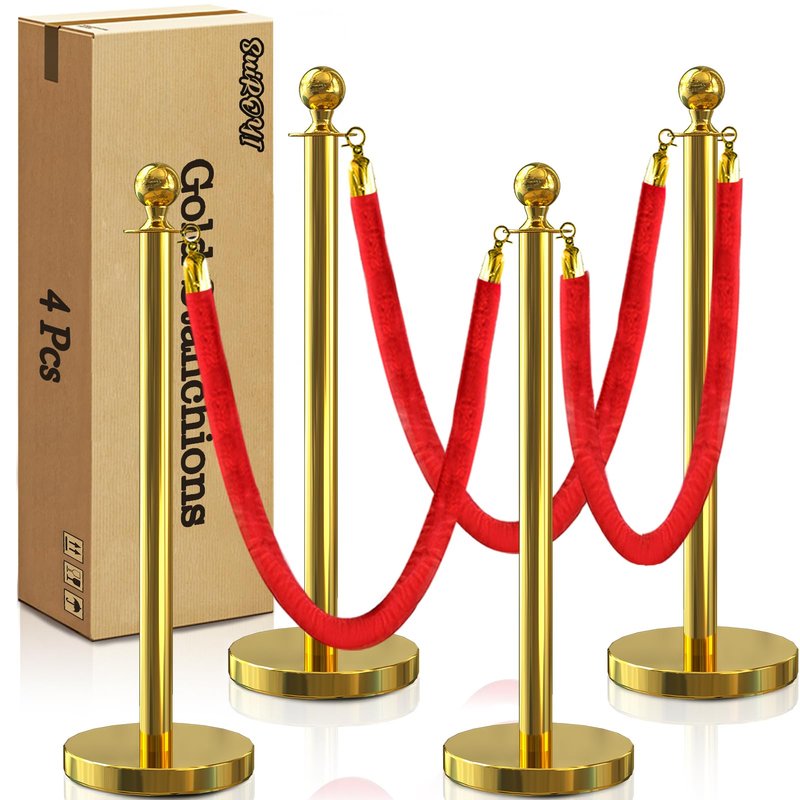 SuiROYI 4 Pcs Gold Stanchions with Velvet Ropes with 3 Pcs 5 Ft Red Velvet Ropes Carpet Ropes Posts Stanchion Set for Crowd Control Barriers for Weddings, Events, Hotels, and Party Decor