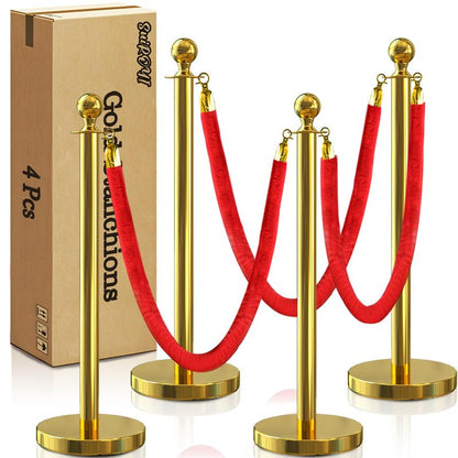 SuiROYI 4 Pcs Gold Stanchions with Velvet Ropes with 3 Pcs 5 Ft Red Velvet Ropes Carpet Ropes Posts Stanchion Set for Crowd Control Barriers for Weddings, Events, Hotels, and Party Decor
