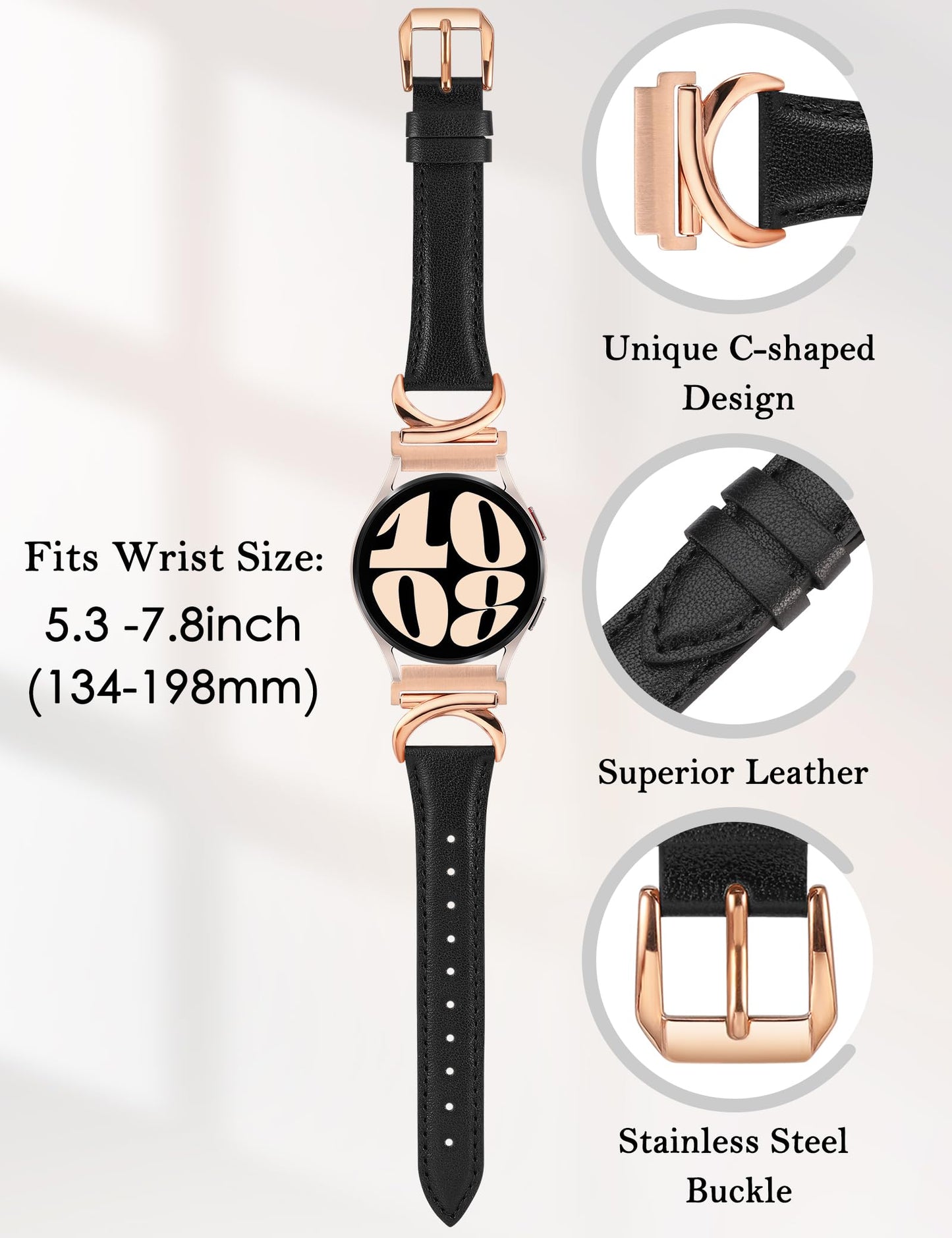 Minyee Leather Bands Compatible with Samsung Galaxy Watch 7/6/5/4/FE/Active 2 40mm 44mm/Watch 6 Classic 43mm 47mm/Watch 5 Pro 45mm Band, 20mm Slim Dressy Leather Strap with C-Shape Metal Buckle Women