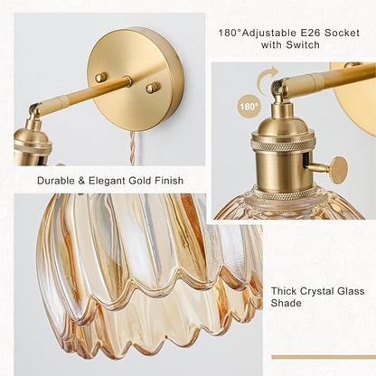 Plug in Wall Sconce, Vintage Sconce Light with Tulip Amber Glass Lampshade, 180° Adjustable Wall Sconce with Switch and Plug in Wall Lamp Cord, Gold Wall Light for Bedroom Bedside