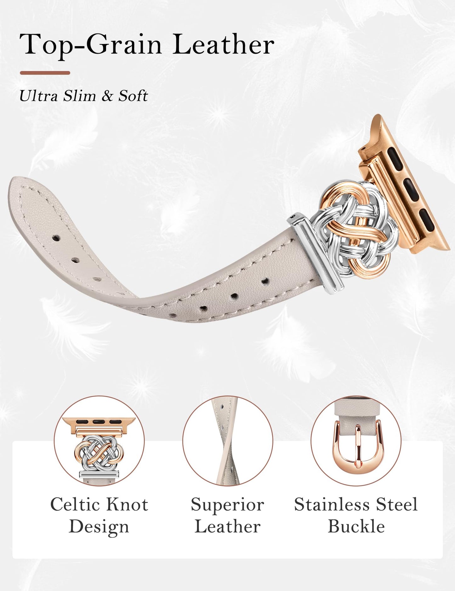 Minyee Celtic Knot Leather Band Compatible with Apple Watch Band 38/40/41/42mm Women, Elegant Interlock Buckle Thin Premium Leather Strap for iWatch Series 11 10 9 Ultra SE 8 7 6 5 4 3 2 1, Starlight
