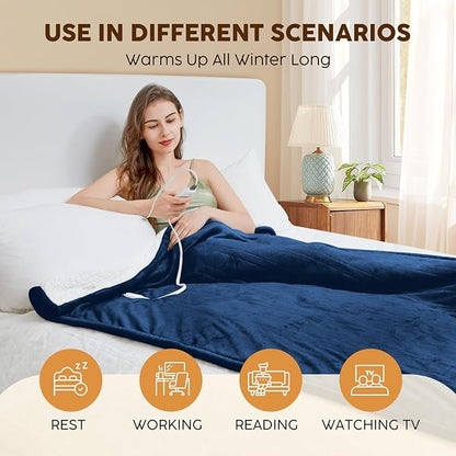 HYLEORY Heated Electric Blanket Queen 84"x90" Soft Fleece & Flannel with 5 Heating Levels & 10 Hours Timer Auto Shutt Off, ETL Certified, Washable，Heated Blanket for Body-Navy