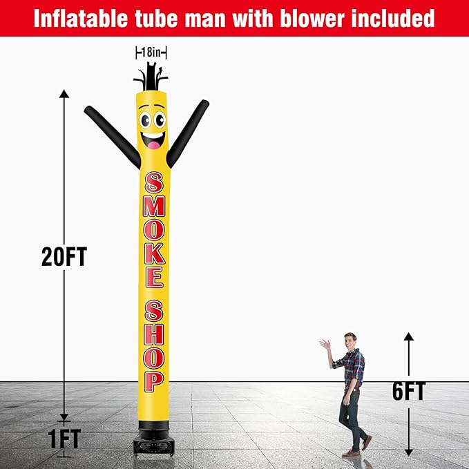 20FT Tall Inflatable Tube Man Smoke Shop Wacky Wavy Dancing Guy with 1.5 HP Weather-Resistant Blower (18''Diameter) for Outdoor Decoration Advertising Business Promotion