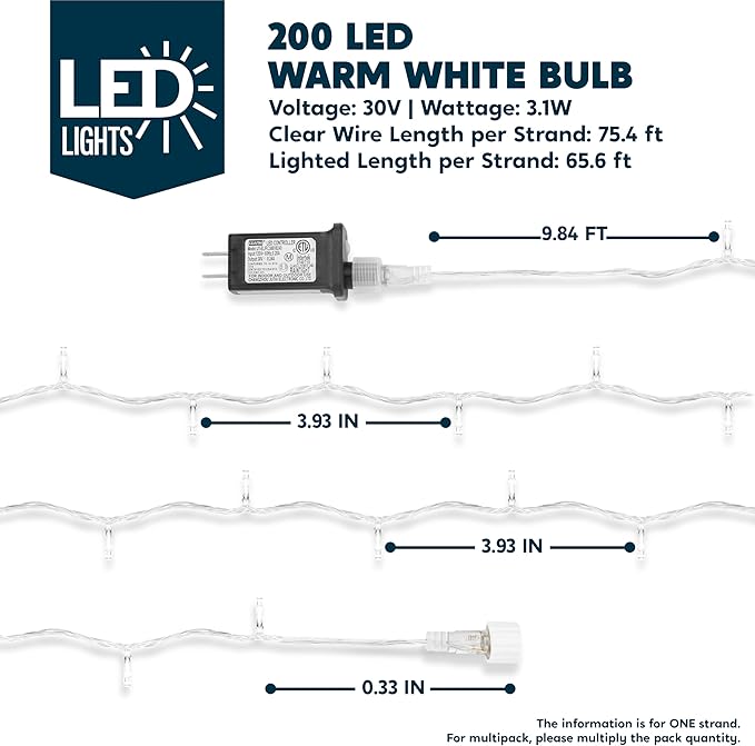 JOYIN 66FT Connectable Christmas String Lights Clear Wire, 8 Modes 200 LED Twinkle Fairy Lights for Indoor Outdoor, Christmas Tree, Classroom, Bedroom, Yard, Patio, Party Decor (Warm White)