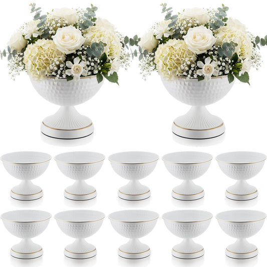 Yiyiring 12 Pcs White Urn Vases for Centerpieces 6 Inch Hammered Compote Bowl Vases Set for Wedding Vintage Metal Vase Table Decoration with Anti-Slip Mat for Christmas Anniversary Party