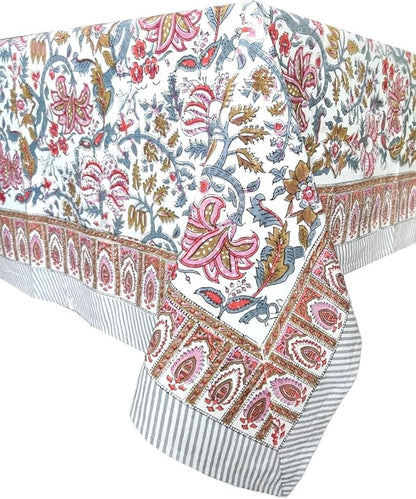 ATOSII Eden 100% Cotton Fall Tablecloth, Handblock Floral Print Rectangle Linen for Kitchen Dining I Parties Wedding Christmas Thanksgiving Outdoors I Spring Summer 72 X 108 Inches I 8 Seater Table