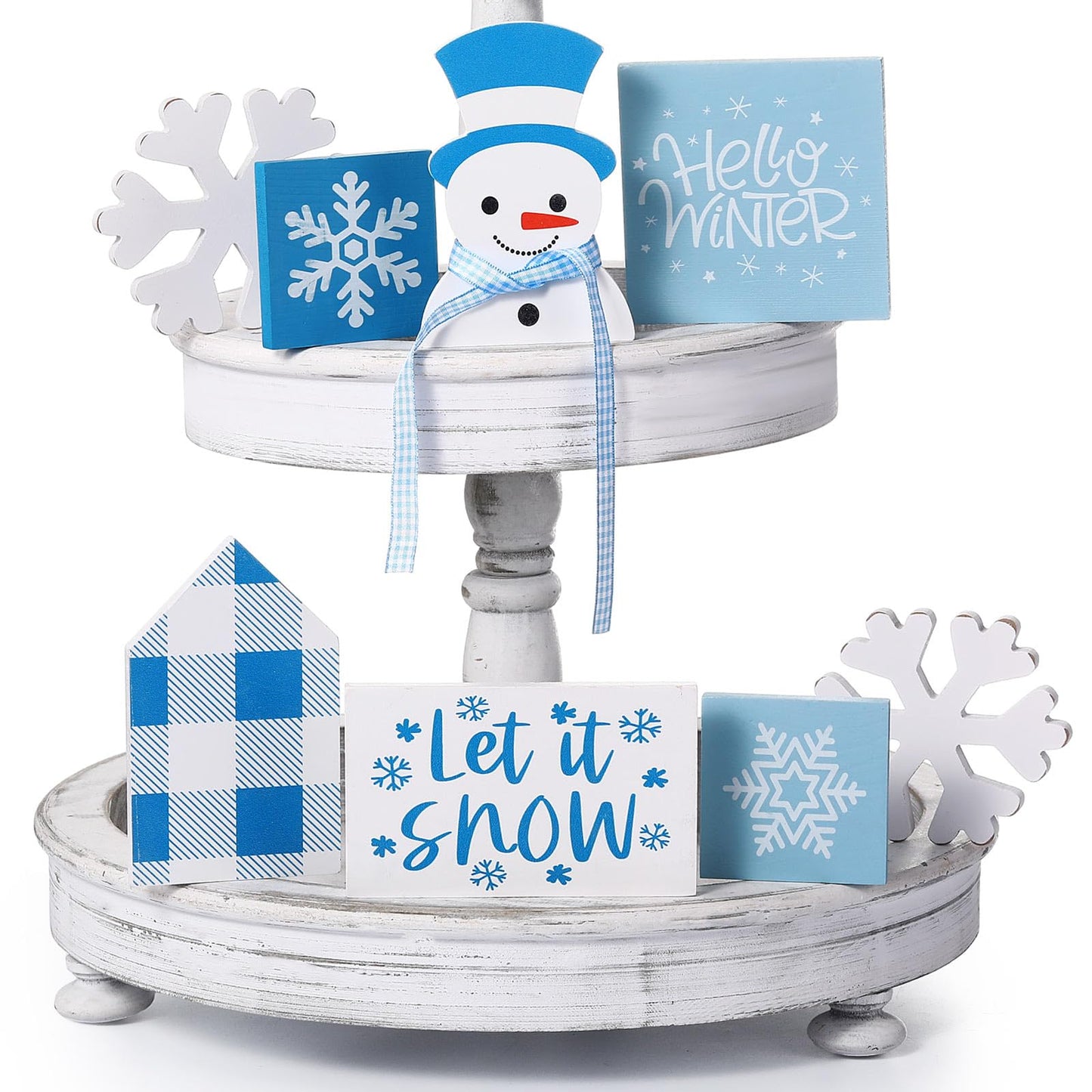 Sawysine 8 Pieces Winter Tiered Tray Decor, Let It Snow Sign Decor Farmhouse Snowflake Wooden Signs for Holiday Shelf Kitchen Coffee Bar(Blue, White)