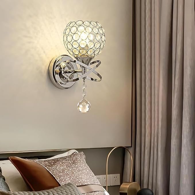 TISLYCO Crystal Wall Sconces Set of Two, Modern Wall Light Sconces Wall Lighting with Hanging Crystal Ball, Wall Mount Lamp Bedside Wall Lamp Silver Sconces Wall Light for Bedroom Living Room Hallway