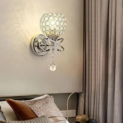 TISLYCO Crystal Wall Sconces Set of Two, Modern Wall Light Sconces Wall Lighting with Hanging Crystal Ball, Wall Mount Lamp Bedside Wall Lamp Silver Sconces Wall Light for Bedroom Living Room Hallway
