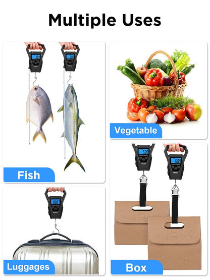HEETA Waterproof Fish Scale Digital with Backlit LCD Display, 110lb/50kg Portable Hanging Scale Fishing Scale for Home and Outdoor, Measuring Tape and 2 AAA Batteries Included (Black)
