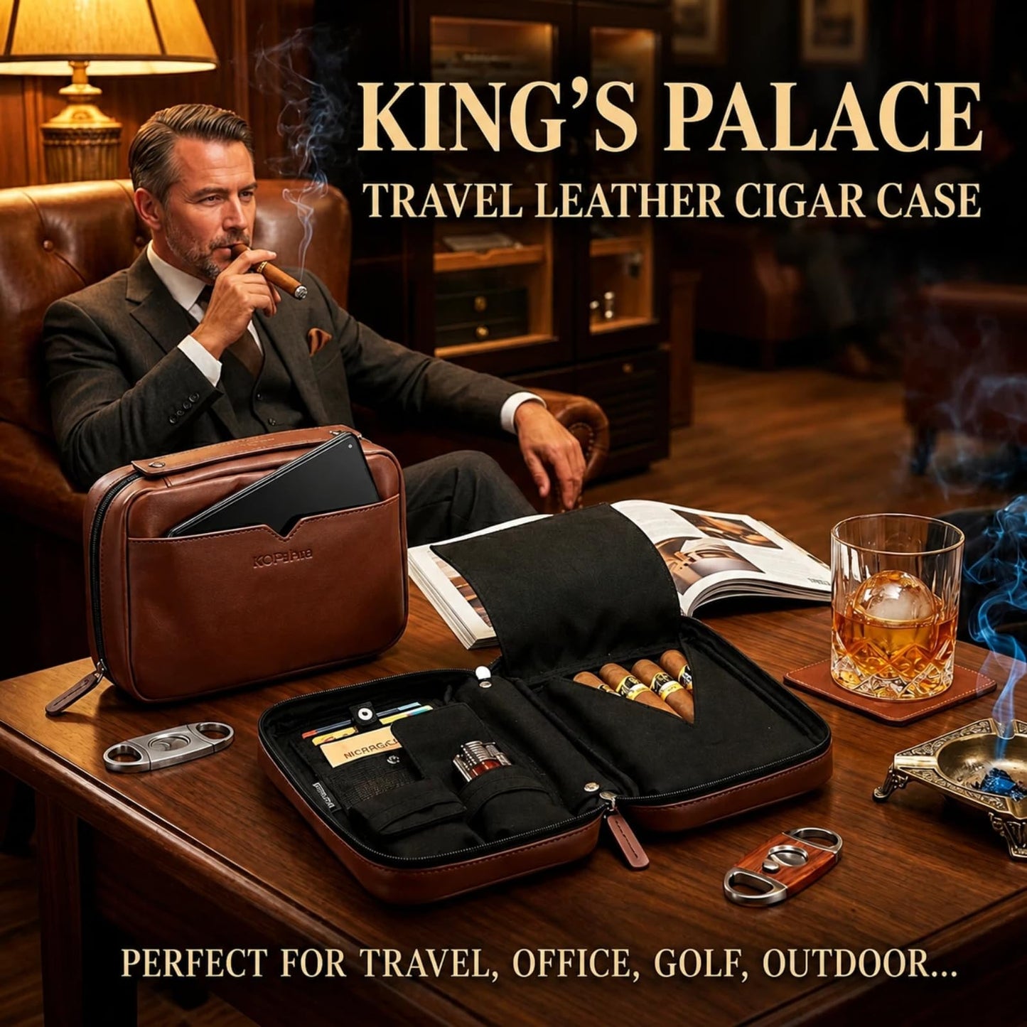 King's palace Portable Cigar Humidor & Leather Travel Cigar Case, with 5-Cigar Holder, 3 Accessory Pockets, 3 Credit Card Slots | Cigar Accessories Gift Set for Men