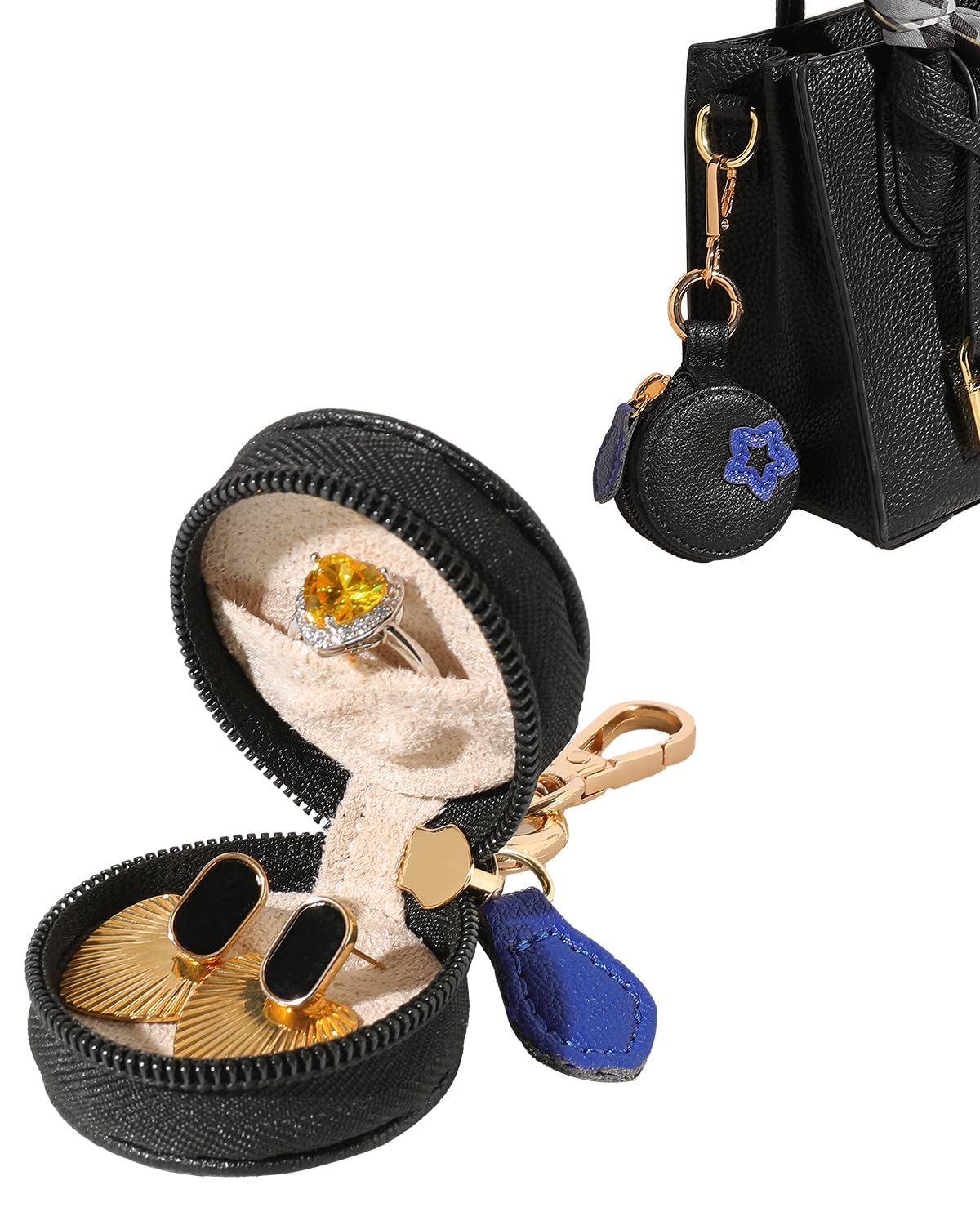 COOLYOUTH Travel Jewelry Holder Storage Ring Holder with Keychain Leather Mini Ring Case (Blue Black)