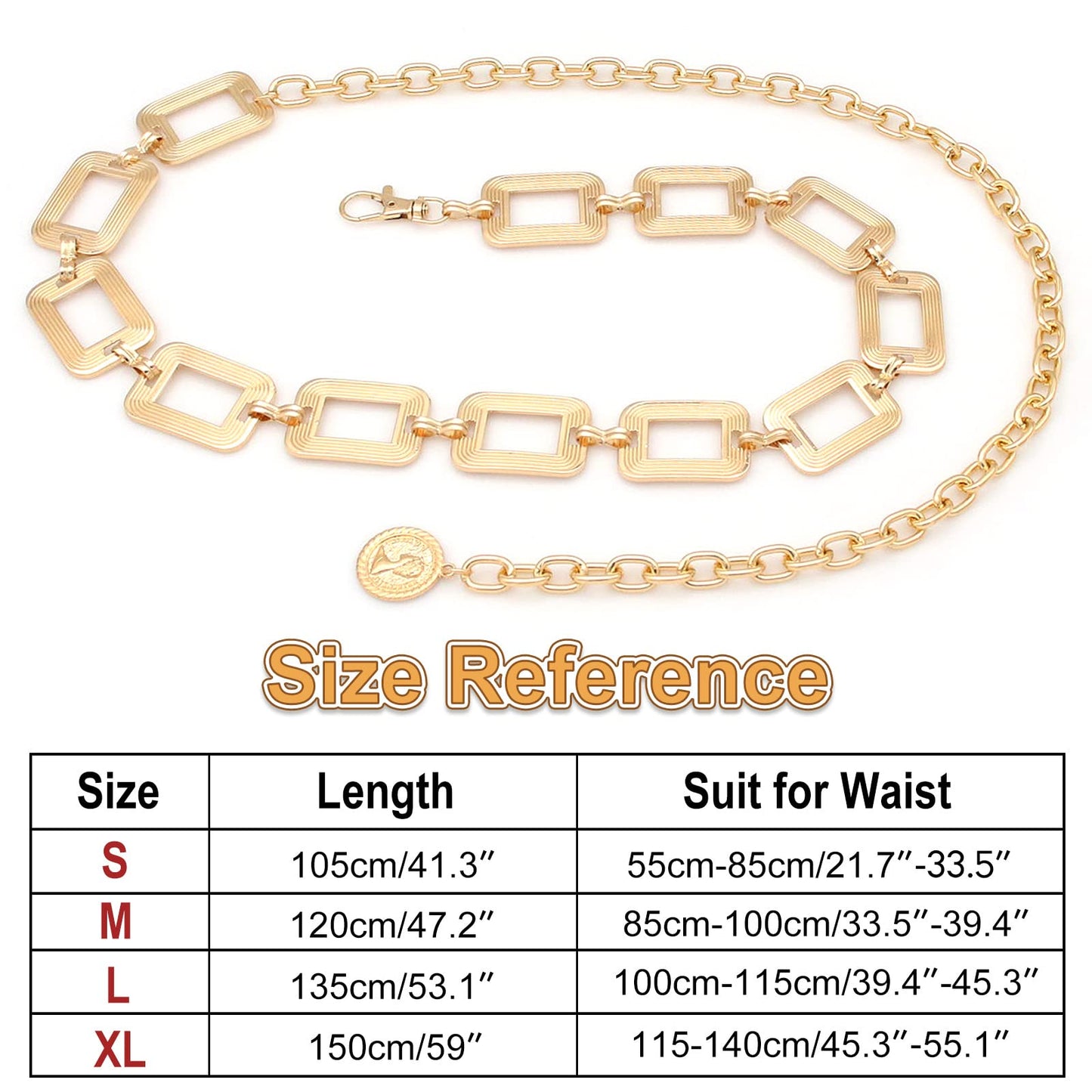 HIQUACC Metal Square Waist Chain for Women Square Body Link Belt for Dresses (219-Gold S)