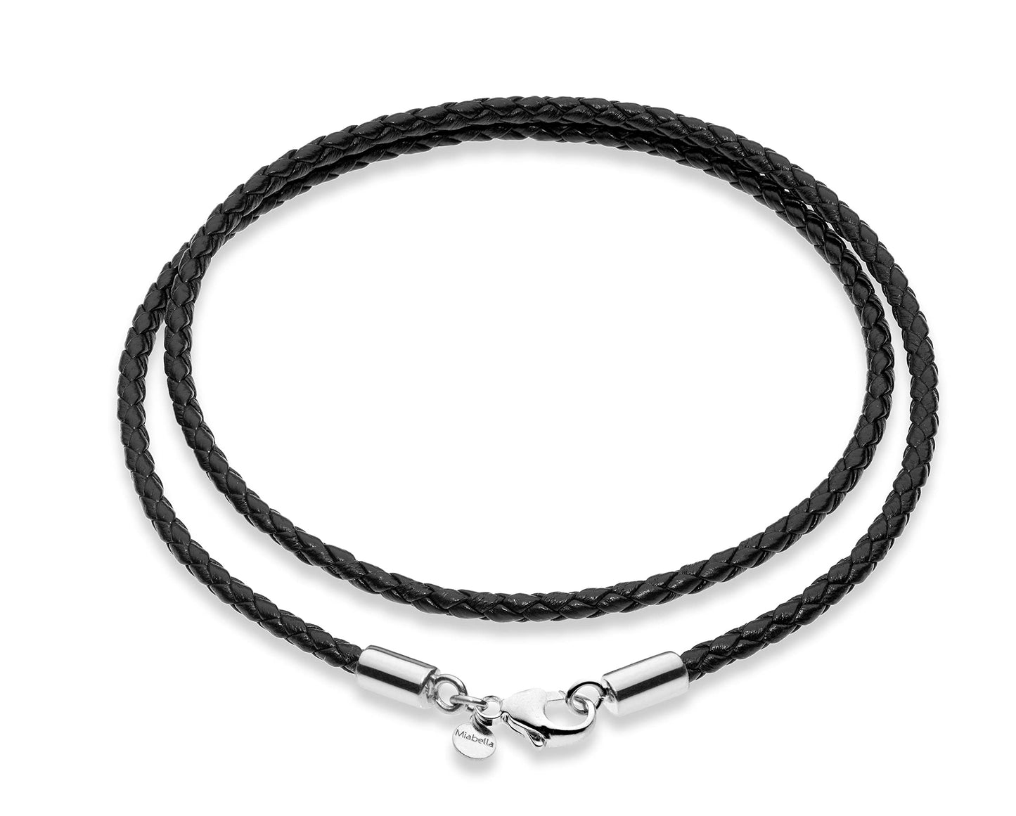 Miabella Genuine 3mm Black Braided Italian Leather Cord Chain Necklace for Men Women with 925 Sterling Silver Clasp, Made in Italy (Length 24 Inches)