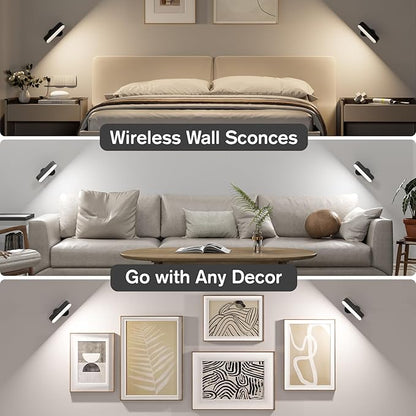 Wall Lights, Wireless Battery Operated Wall Sconces for Bedroom, LED Rechargeable Wall Sconce Set of Two for Living Room, Stick on Wall Mounted Lamp for Reading, 2 Pack