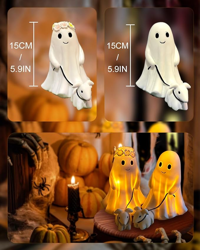 Display Statue Nightlight Ghost Walking Dog, Warm Lighted Indoor Figurine Lamps, Halloween Decors Spooky Dog Light, Cute Decorations for Party, Home, Bedroom, Shelf, Table Centerpiece (Girl)