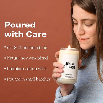 Homesick Scented Candles for Home (Beach Cottage) - Long-Lasting Natural Soy Wax Blend Jar Candle Gifts for Women & Men, 60-80 Hours Burn Time - Notes of Bergamot & Sandalwood