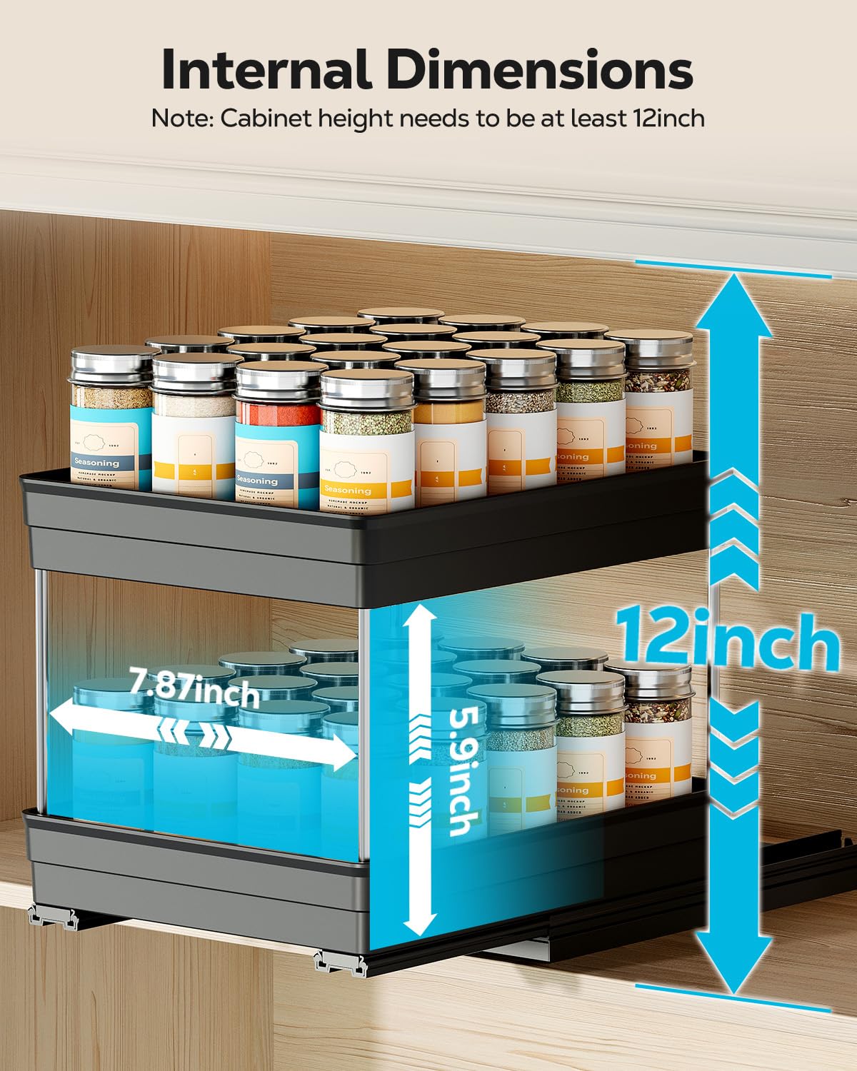 Nieifi Spice Organization for Cabinet-Vertical Spice Rack Pull Out-Spice Rack Organizer for Cabinet-4-1/3 inch Wide-Seasoning Kitchen Organizer-4.3" W x 10.6" D x 8.7" H-2 Pack-2 Tier