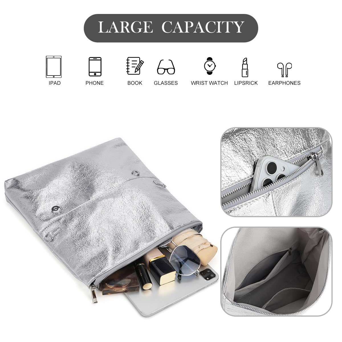 MXCMXC Women's Evening Clutch Bag Metallic Crinkled Leather Clutch Purse, Fold-over Handbag Envelope Purse with Hidden Magnetic (Silver)
