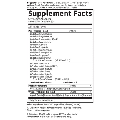 Garden of Life Probiotics Mood+ Dr Formulated Acidophilus Probiotic Supplement - Promotes Emotional Well-Being, Relaxation and Digestive Balance - Ashwagandha for Stress Management, 60 Veggie Caps