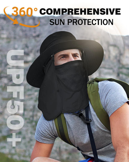 Wide Brim Sun Hat with Detachable Face Cover & Neck Flap Waterproof Safari Fishing UPF 50+ UV Protection Hat for Men Women Black