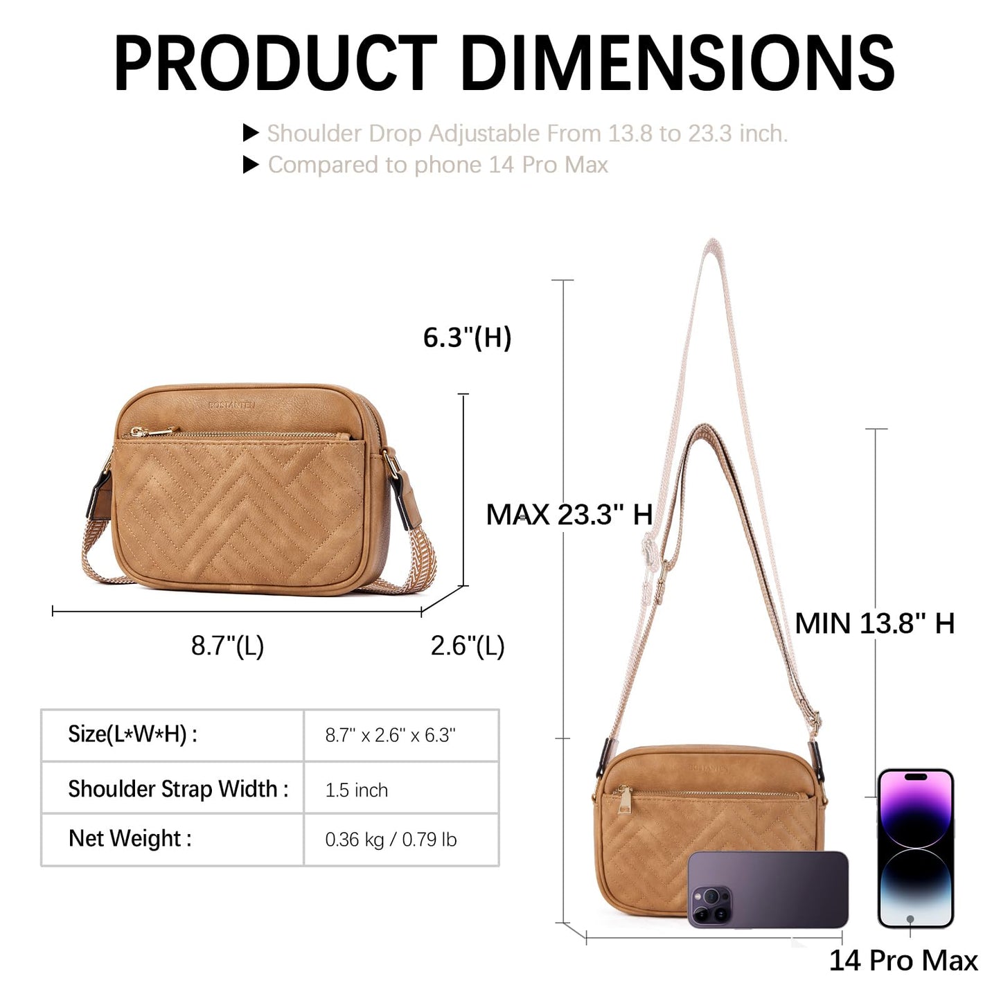 BOSTANTEN Quilted Crossbody Bags for Women Vegan Leather Purses Small Shoulder Handbags with Wide Strap Camel Brown