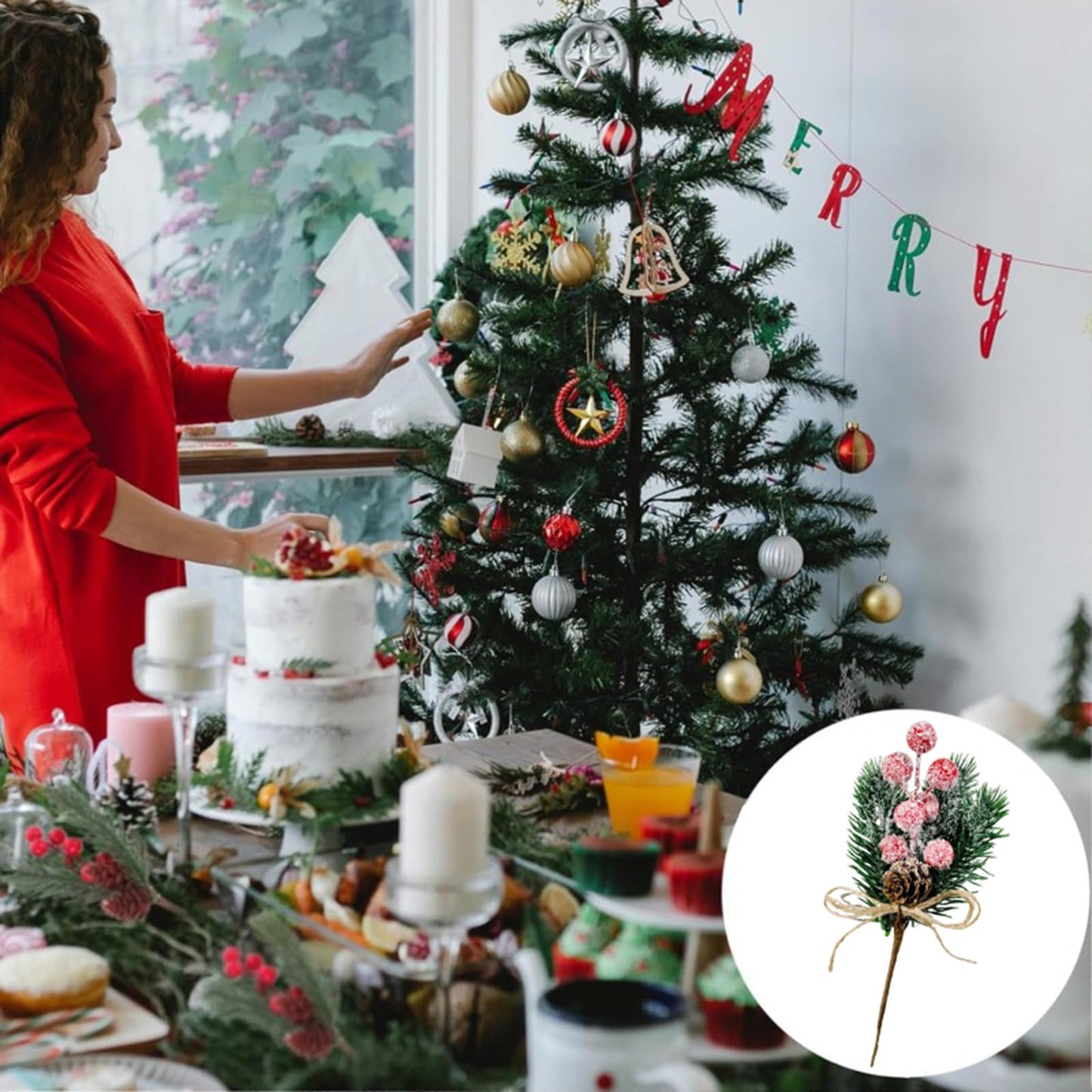 12 Pcs Artificial Christmas Floral Picks,Artificial Holly Berry Stems Pine Cones Pine Branches, Christmas Tree Picks and Sprays, Xmas Ornaments DIY Wreath Wedding Home Decor Silk Flower Arrangements
