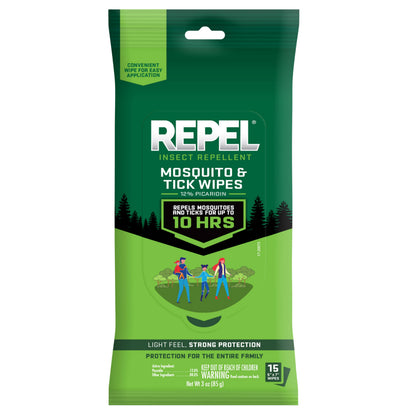 Repel Insect Repellent Mosquito & Tick Wipes 12% Picaridin, Repels Mosquitoes and Ticks for Up to 10 Hours in A Convenient Travel Wipe for Whole-Family Mosquito and Tick Protection,15 Count, 3 Ounces