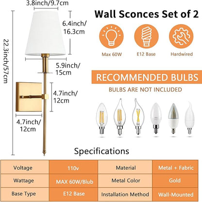 TISLYCO Gold Wall Sconce, Brass Sconces Set of 2, Antique Brass Wall Lamp, Sconces Wall Decor Set of 2, Wall Light with Fabric Shade for Bedroom, Living Room, Dinning Room, Hallway