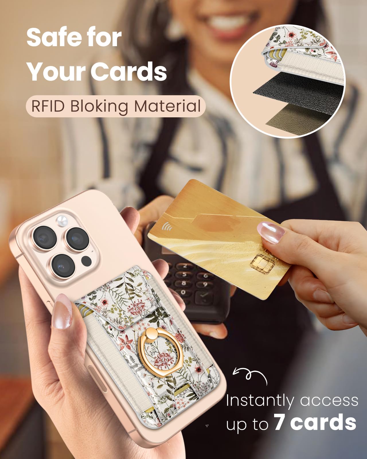 Shorogyt Compatible with Magsafe Wallet with Grip Magnetic Card Holder - Cute Phone Wallets with Ring Stand for iPhone 17/16/15/14/13/12 Series for Women Girls, Fit 7 Cards, Flower