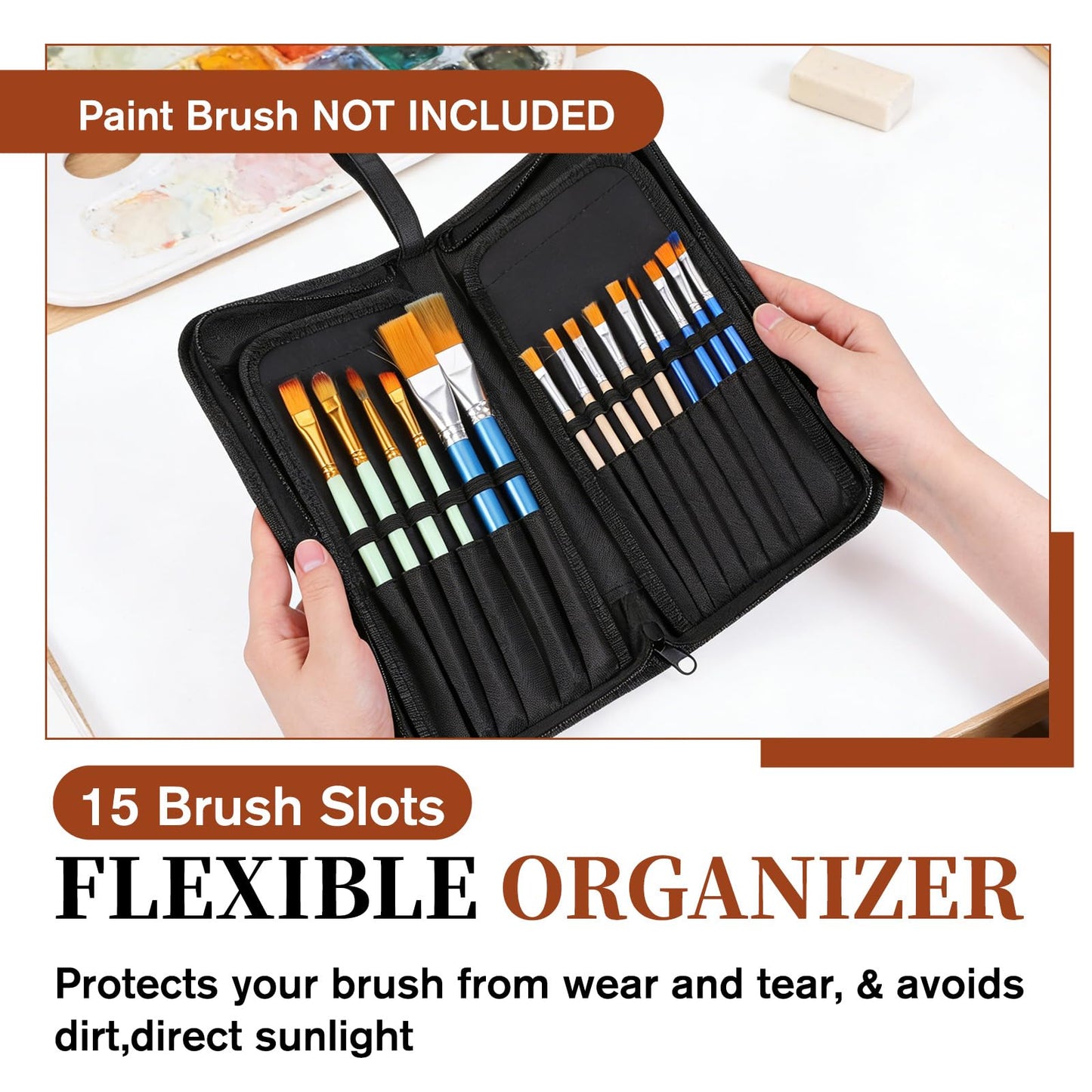 Skrfren Paint Brush Case, Paint Brush Holder with 15 Slots Canvas Brush Organizer with Pop-Up Stand Design Travel Watercolor Brushes Holder Zipper Closure for 11 Inch Art and Makeup Brushes Black