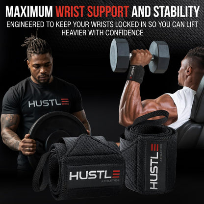 Hustle Athletics Wrist Wraps for Weightlifting, USPA-Approved 12" Wrist Support Straps for Bench Press, Squats & Overhead Press, Heavy-Duty Gym Wraps for Men and Women