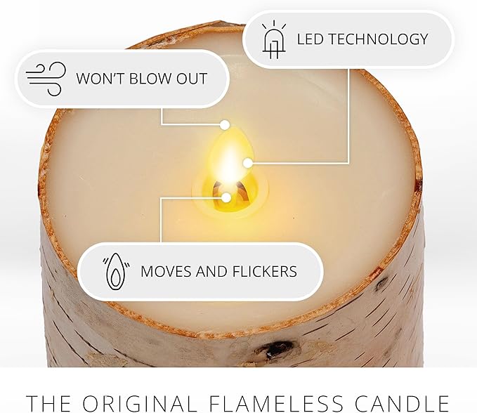 Luminara Real Birch Bark Wrapped Flameless LED Candle, 3.5" x 4.5", Battery Operated Moving Flame Pillar Light with Timer - Natural Decor Unscented