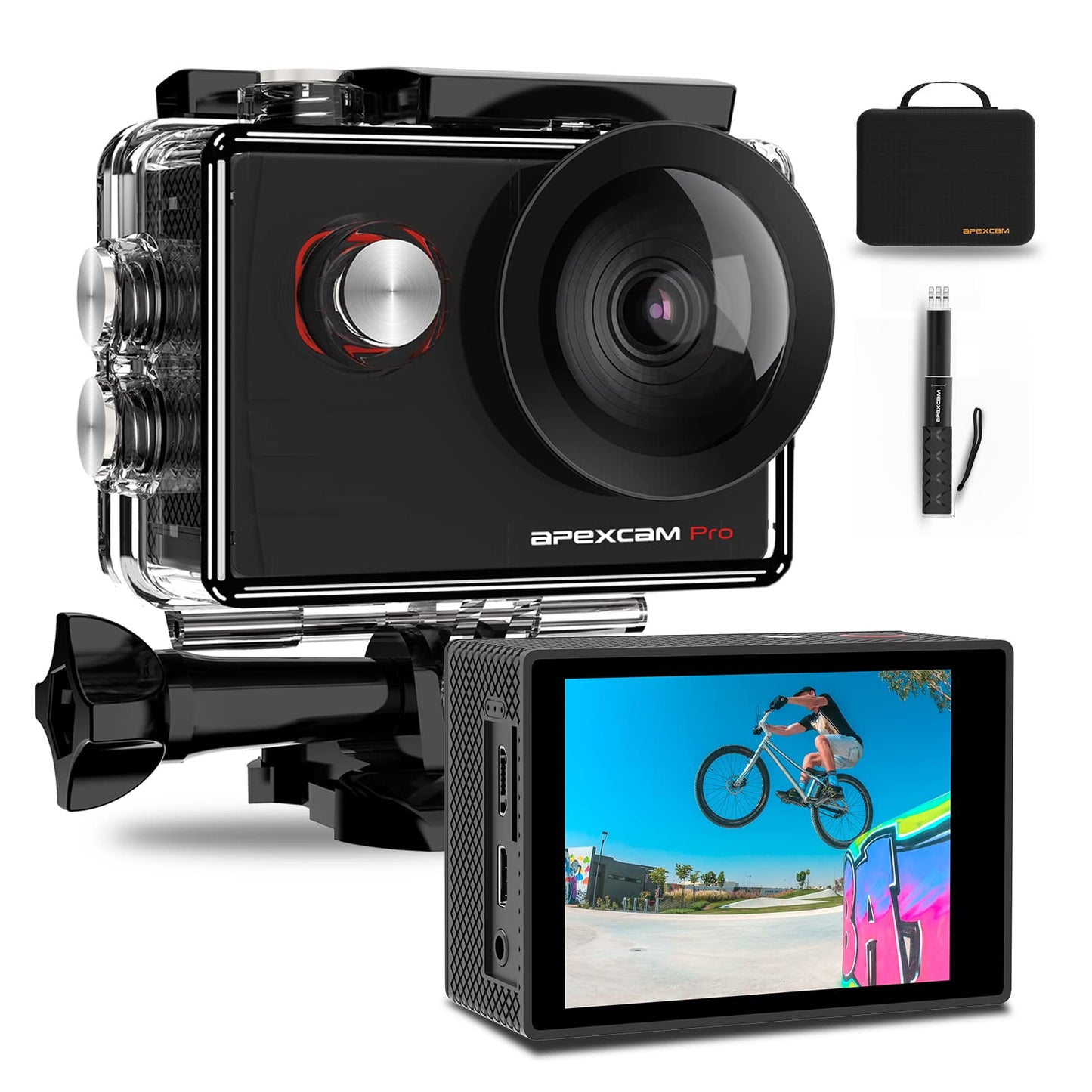 Apexcam 4K Action Camera - EIS Stabilization, 131FT Waterproof Underwater - WiFi Sport Helmet Camera (Selfie Stick, Remote Control, 2 Batteries & Accessory Kit)