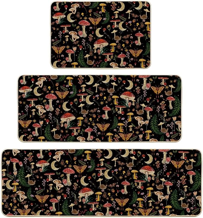 Artoid Mode Black Mushrooms Butterfly Spring Kitchen Mats Set of 3, Home Decor Low-Profile Kitchen Rugs for Floor - 24"x35"+24"x59"+24"x72"
