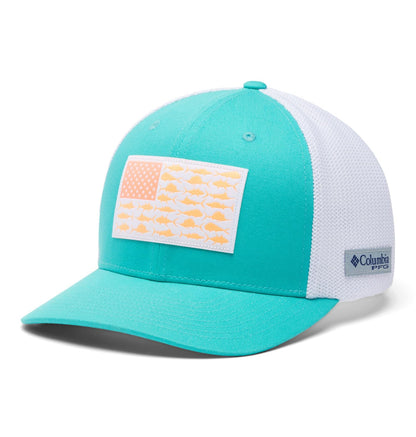 Columbia Unisex PFG Fish Flag Mesh Ball Cap-High Crown, Turquoise/Offshore Slam Flag, Large/X-Large