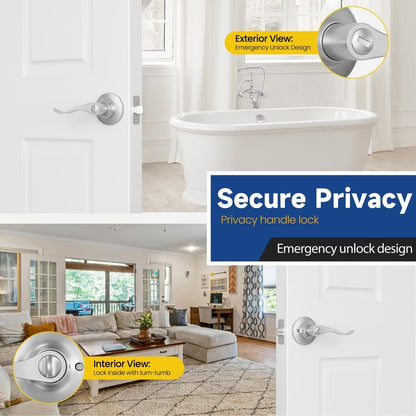 RAFECIEE Privacy Door Lever & Handle – Keyless Lock for Bathroom & Bedroom – Satin Nickel Wave Style Interior Door Knob – Reversible for Left/Right Handed