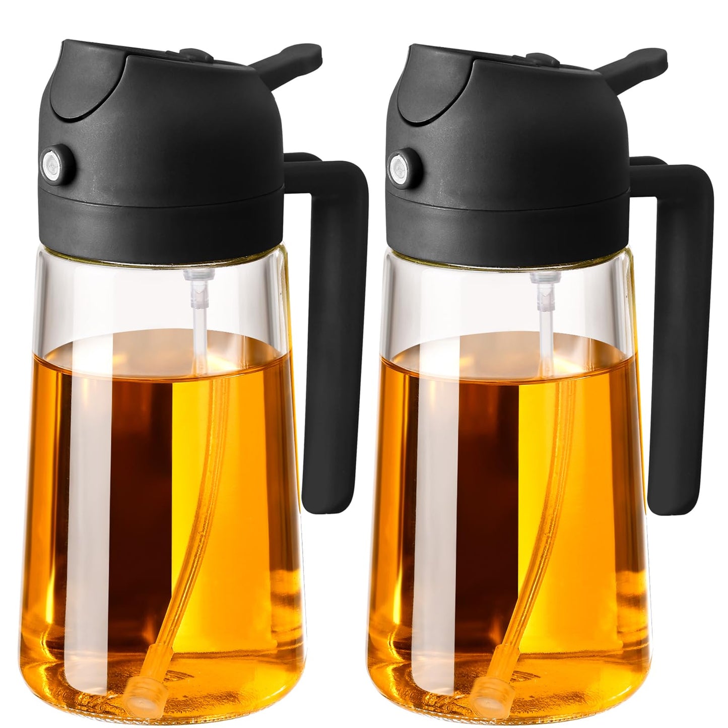 Olive Oil Sprayer for Cooking, 470ml 2 In 1 Glass Oil Dispenser/Pour Bottle, Kitchen Accessories, Kitchen Gadgets for Air Fryer, Salad, BBQ (Black)