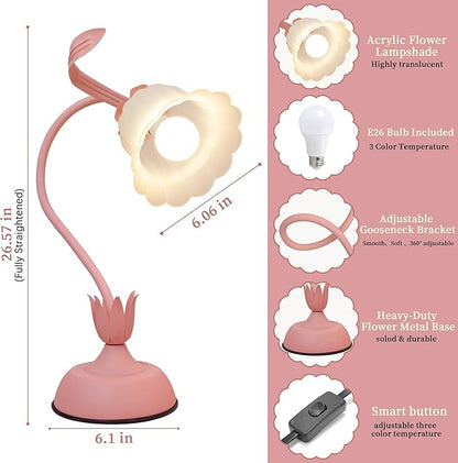Vintage Flower Table Lamp, 3 Color Temperature Flexible Gooseneck Cute Small Desk Lamp for Bedroom, Kawaii Nightstand Bedside Lamps for Living Room, Dorm, Office, Home Decor (Pink)