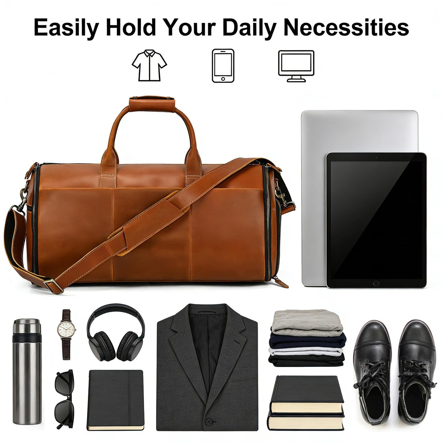 Men's Carry On Garment Bag, Convertible Garment Bag Full Grain Leather Duffle Bags with Shoe Pouch, 2 in 1 Hanging Suitcase Suit Travel Bags