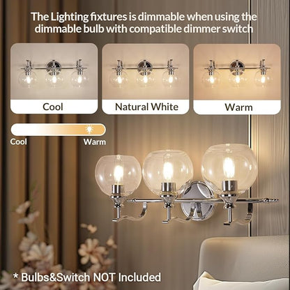 ANDY STAR Chrome Vanity Light, 3-Light Polished Silver Bathroom Light Fixture Over Mirror, Modern Wall Sconce with Clear Glass Shade, Industrial Wall Lighting for Living Room, Bedroom, Hallway, 22.3"
