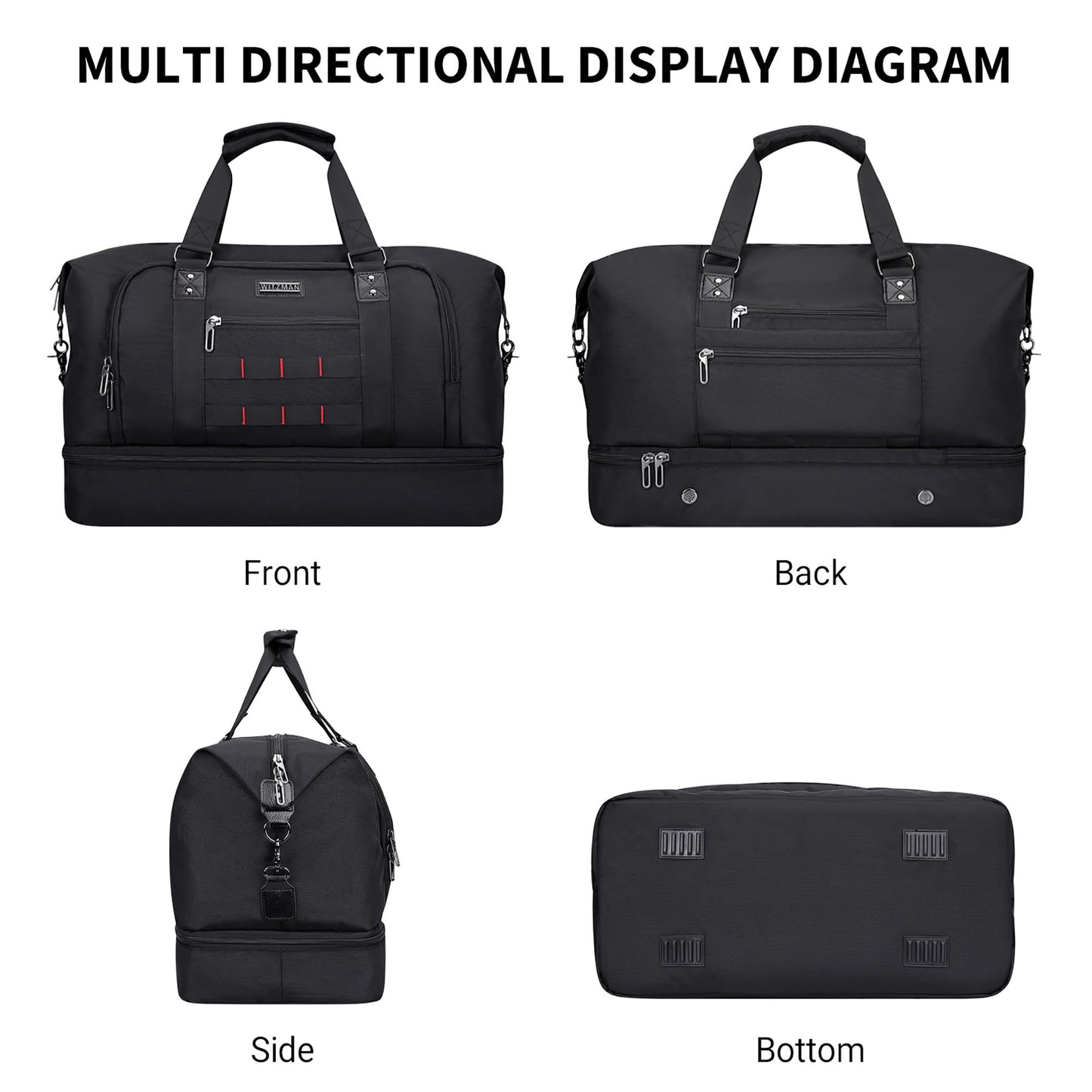 WITZMAN Travel Duffle Bags for Men Weekender Bags with Toiletry Bag Sets Carry On Overnight Bag 55L （B696 Black）