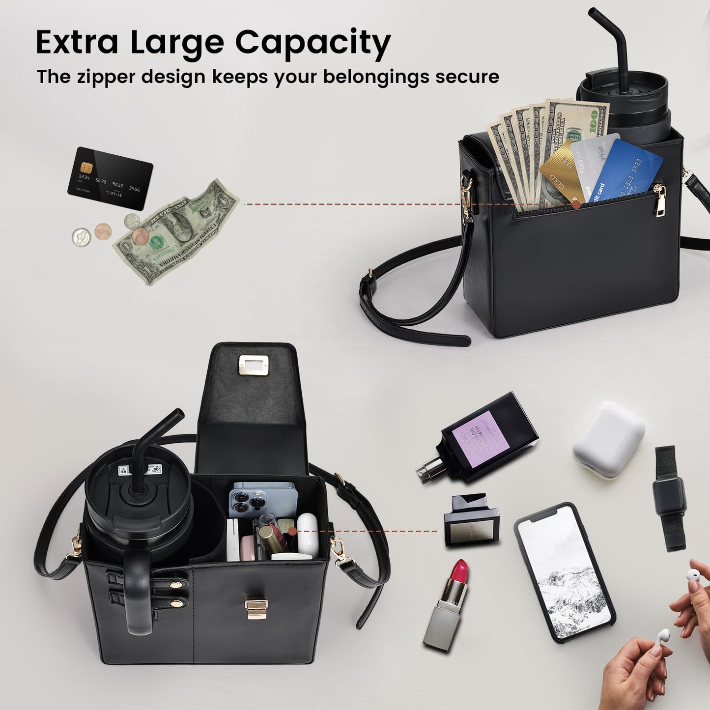 Outdoor Portable Crossbody Water Cup Storage Bag Crossbody Case with Sports Water Bottle Holder for Women Tumbler Purse with Water Bottle Pocket Compatible with Most Water Bottles Carrier Bag, Black
