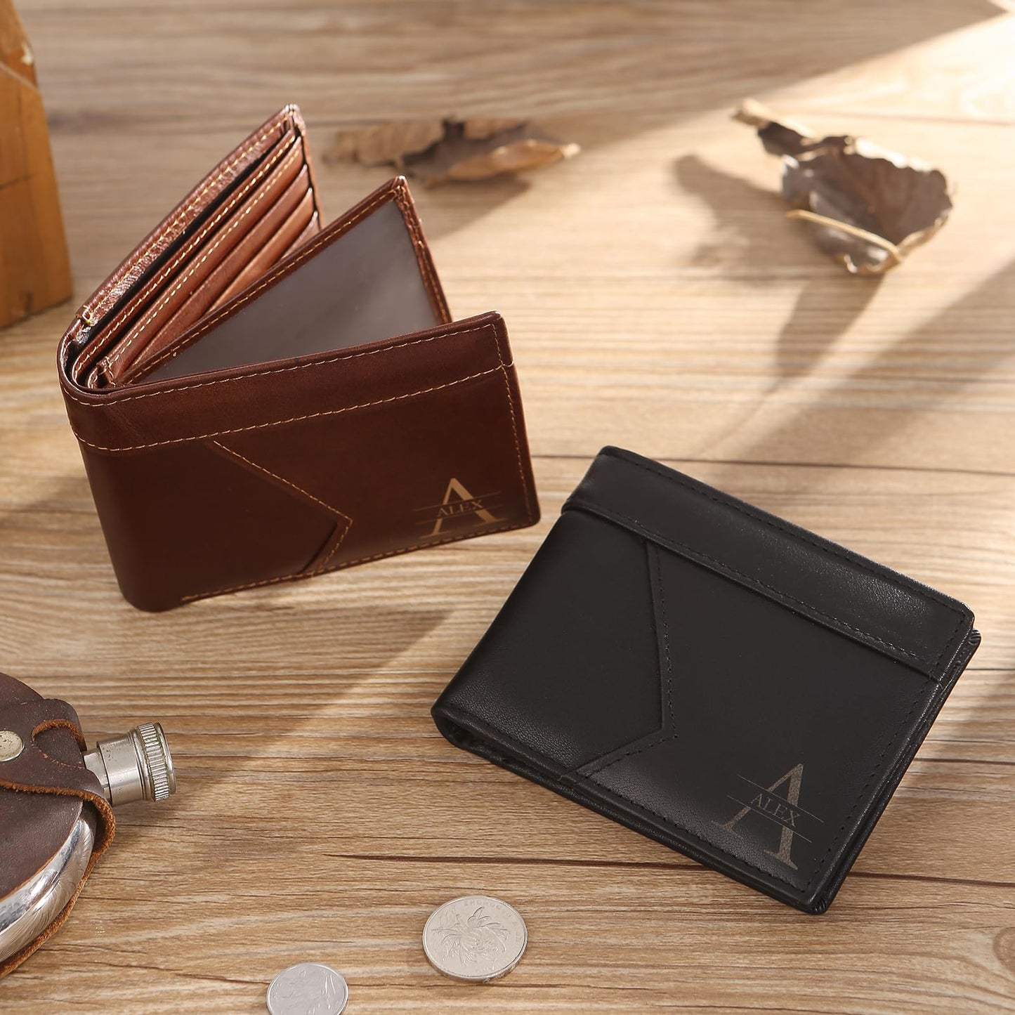 MirthfulMemento Custom Wallets for Men - Personalized RFID Genuine Leather Wallet for Men Engraved Name & initial Wallet, Dad Gifts for Fathers Day (Brown)