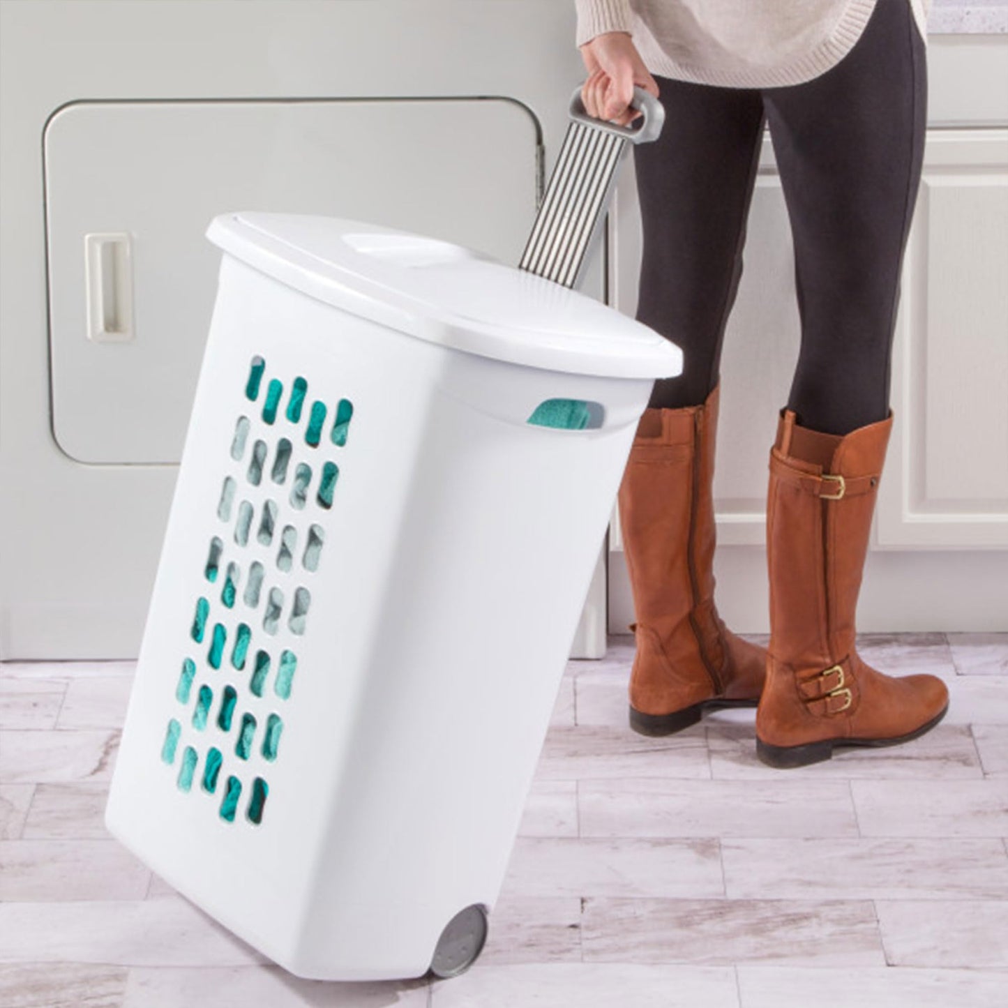 Sterilite 3-Pack Ultra Wheeled Hamper, Laundry Basket w/ Flip-Top Lid & Retractable Handle - Plastic Rolling Clothes Storage Cart with Ventilated Holes for Home, Apartment or Dorm