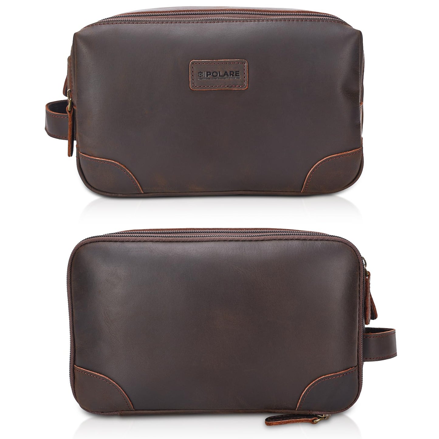 Polare Full Grain Leather Travel Toiletry Bag Dopp Kit Large Cosmetic Travel Case Shaving Kit Wash with YKK Zippers